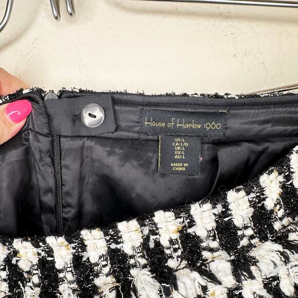 House of Harlow Black and White Checkered Wool Blend Tweed Mini Skort Skirt Lg - Picture 8 of 14